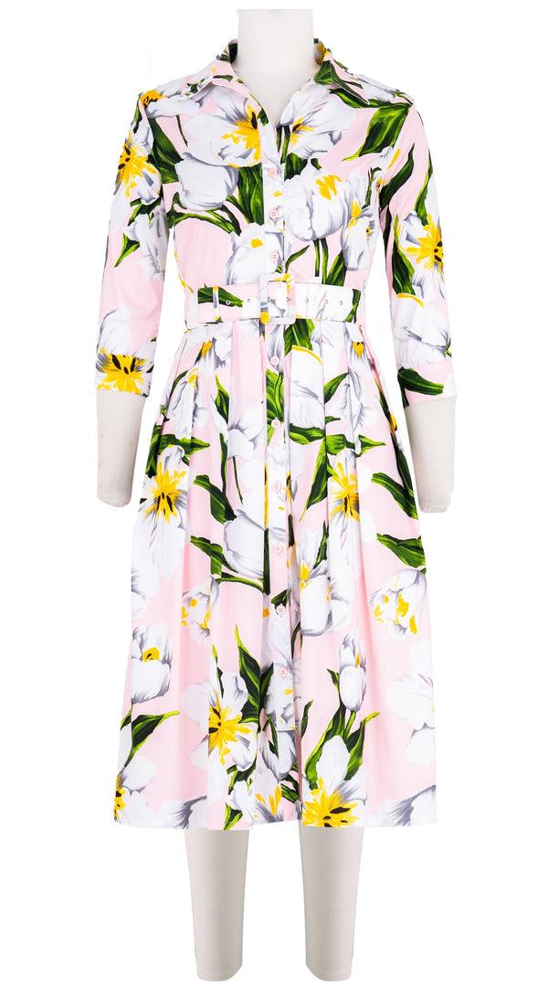 samantha sung Audrey Dress #1 Shirt Collar 3/4 Sleeve Long Length Cotton Stretch (Emperor Tulip Pastel)