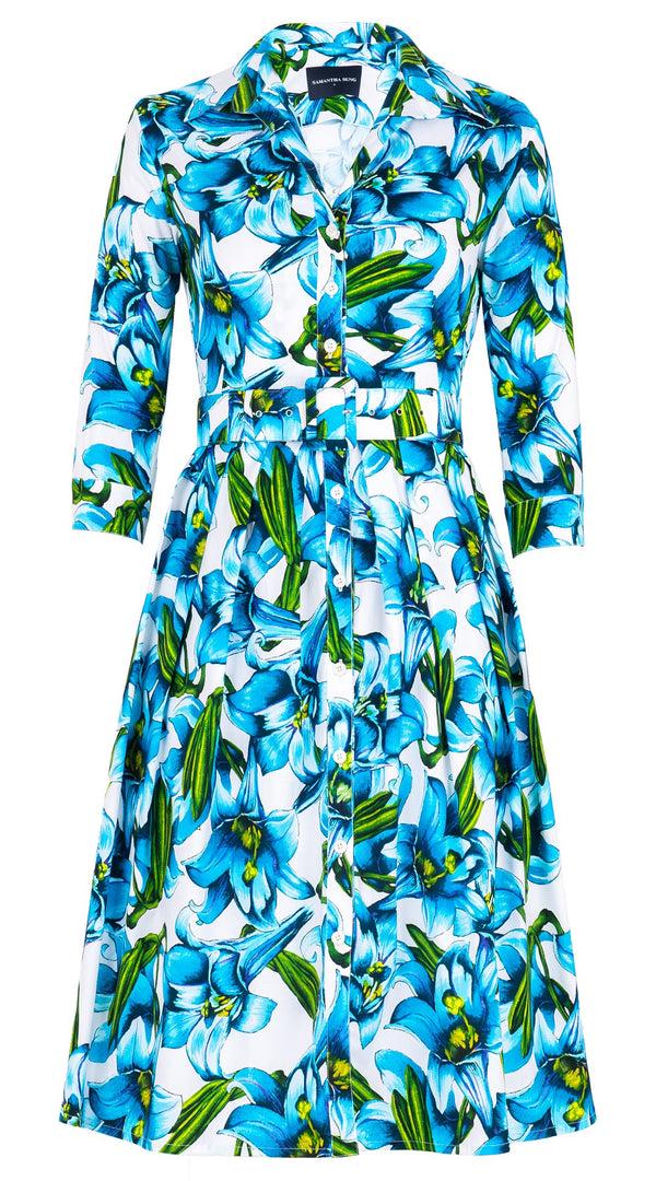 Samantha Sung Audrey Dress #1 Shirt Collar 3/4 Sleeve Long Length Cotton Stretch (Paper Lillies White)