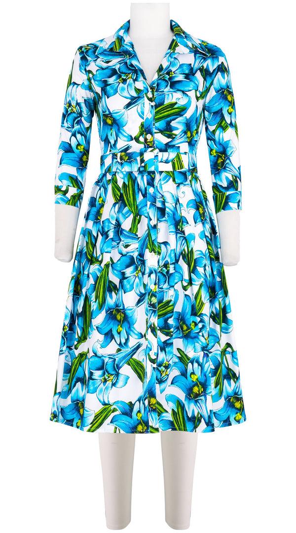 samantha sung Audrey Dress #1 Shirt Collar 3/4 Sleeve Long Length Cotton Stretch (Paper Lillies White)