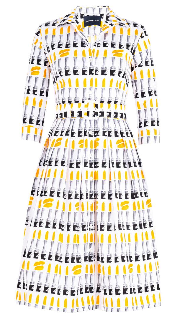 Samantha Sung Audrey Dress #1 Shirt Collar 3/4 Sleeve Long Length Cotton Stretch (Lipstic Rouge White)