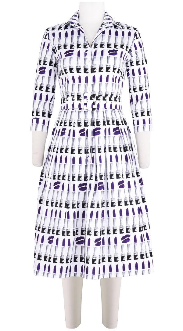 Samantha Sung Audrey Dress #1 Shirt Collar 3/4 Sleeve Long Length Cotton Stretch (Lipstic Rouge White)