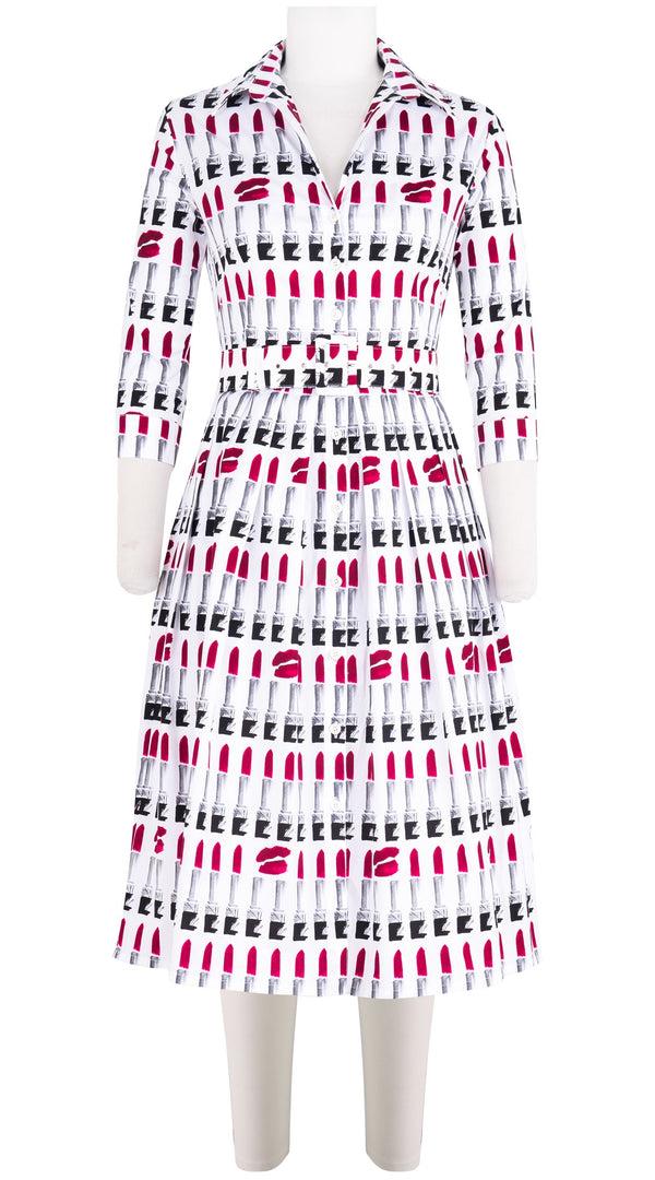 Samantha Sung Audrey Dress #1 Shirt Collar 3/4 Sleeve Long Length Cotton Stretch (Lipstic Rouge White)