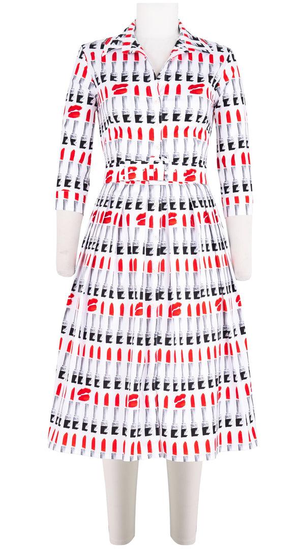 samantha sung Audrey Dress #1 Shirt Collar 3/4 Sleeve Long Length Cotton Stretch (Lipstic Rouge White)