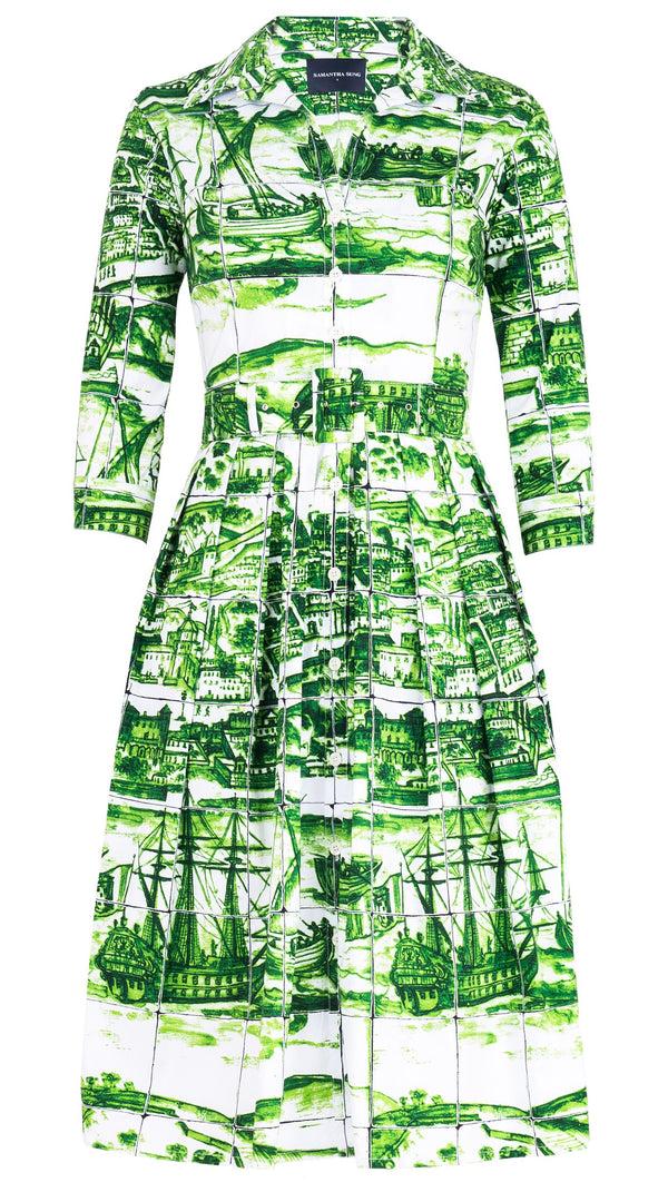 Samantha Sung Audrey Dress #1 Shirt Collar 3/4 Sleeve Long Length Cotton Stretch (Azulejo All Over)