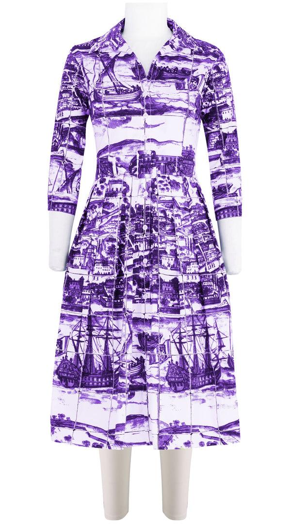 Samantha Sung Audrey Dress #1 Shirt Collar 3/4 Sleeve Long Length Cotton Stretch (Azulejo All Over)