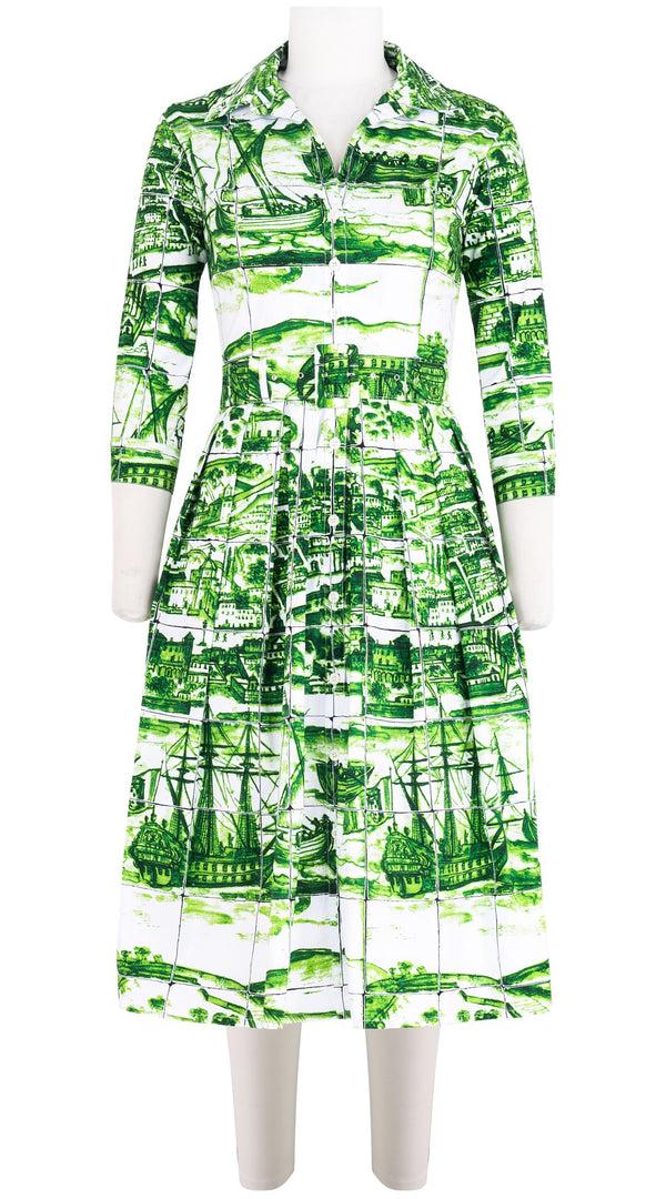 samantha sung Audrey Dress #1 Shirt Collar 3/4 Sleeve Long Length Cotton Stretch (Azulejo All Over)