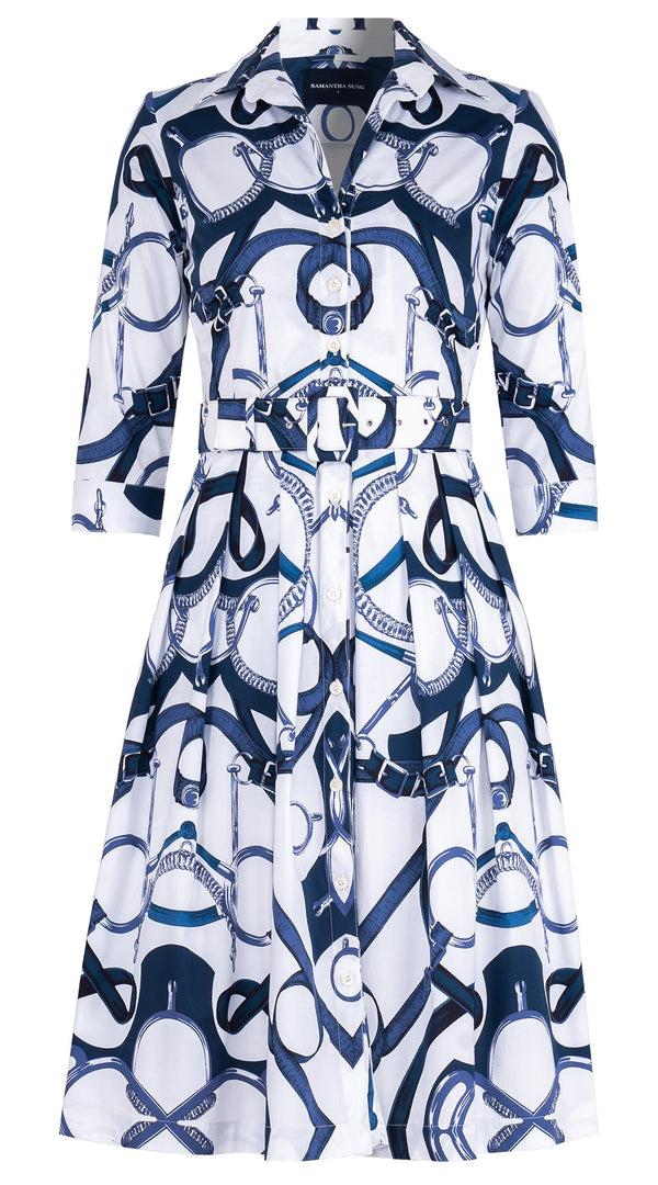 samantha sung Audrey Dress #1 Shirt Collar 3/4 Sleeve Long Length Cotton Stretch (Secretariat Horse White Pastel)