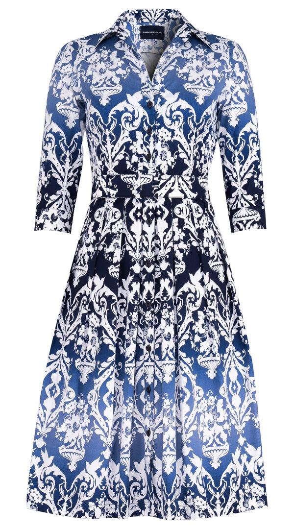samantha sung Audrey Dress #1 Shirt Collar 3/4 Sleeve Long Length Cotton Stretch (Impero Ombre)