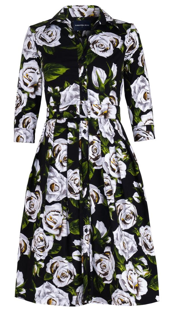 samantha sung Audrey Dress #1 Shirt Collar 3/4 Sleeve Long Length Cotton Stretch (White Rose Bright)