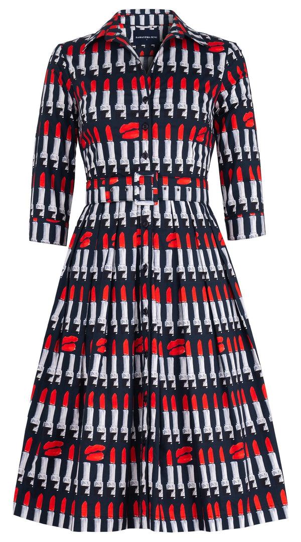 samantha sung Audrey Dress #1 Shirt Collar 3/4 Sleeve Long Length Cotton Stretch (Lipstic Rouge Black)