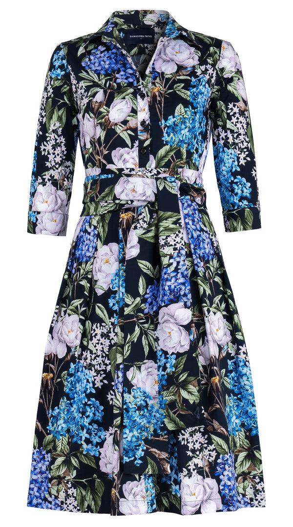 Samantha Sung Audrey Dress #1 Shirt Collar 3/4 Sleeve Long Length Cotton Stretch (Lilac Heaven Black)
