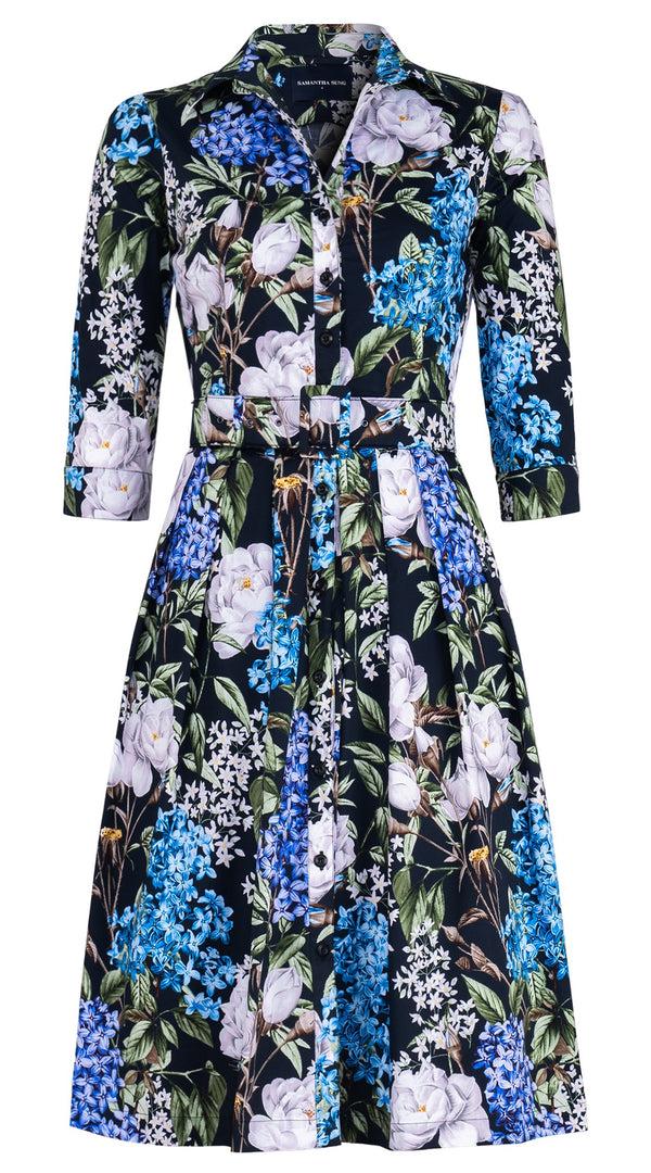 samantha sung Audrey Dress #1 Shirt Collar 3/4 Sleeve Long Length Cotton Stretch (Lilac Heaven Black)