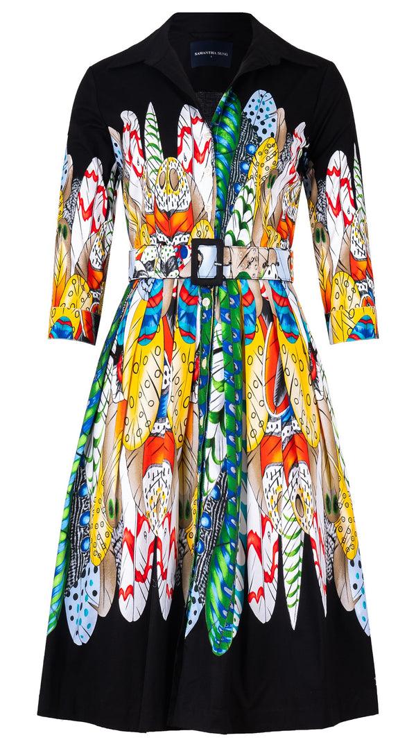 samantha sung Audrey Dress #1 Shirt Collar 3/4 Sleeve Long Length Cotton Stretch (African Feather)