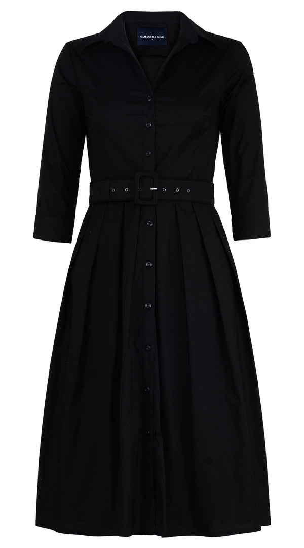 samantha sung Audrey Dress #1 Shirt Collar 3/4 Sleeve Long Length Cotton Stretch (Solid)