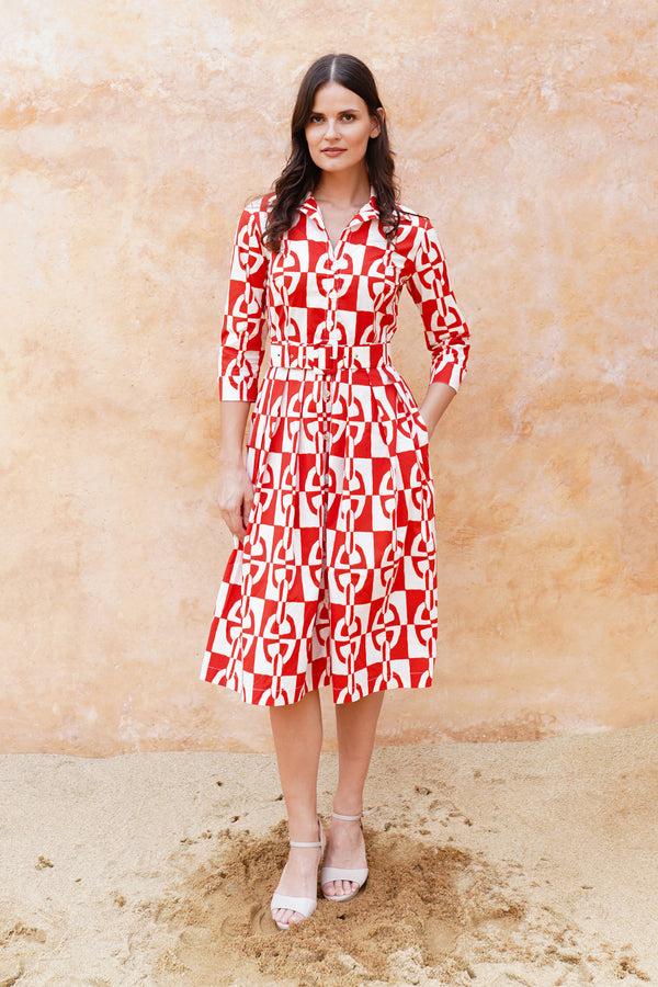 samantha sung Audrey Dress #1 Shirt Collar 3/4 Sleeve Long Length Cotton Stretch (Geometric Chain)