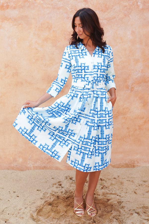 Samantha Sung Audrey Dress #1 Shirt Collar 3/4 Sleeve Long Length Poliamide Taffta (Bamboo Grove Pastel)