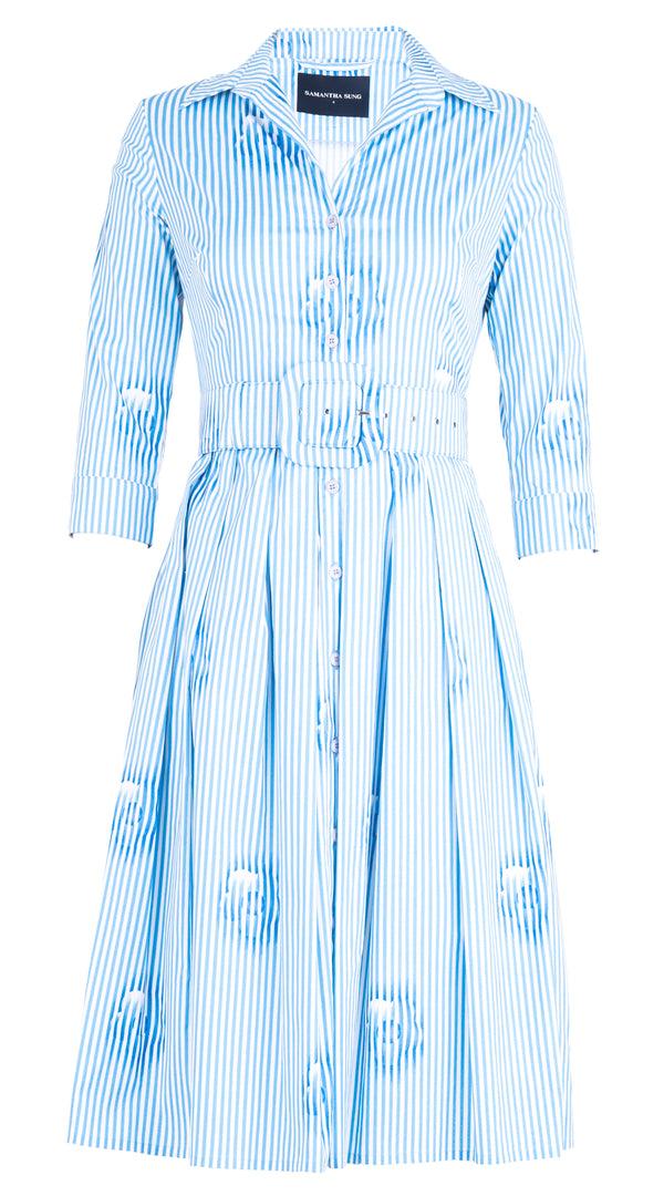samantha sung Audrey Dress #1 Shirt Collar 3/4 Sleeve Long Length Cotton Stretch (Oxford Stripe) 10