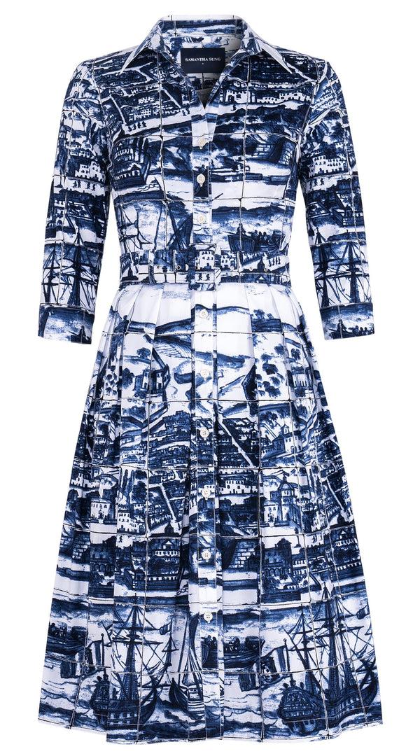 Samantha Sung Audrey Dress #1 Shirt Collar 3/4 Sleeve Long Length Cotton Stretch (Azulejo All Over)