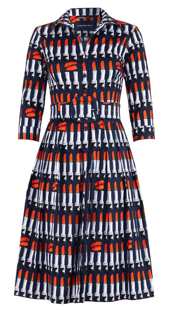 samantha sung Audrey Dress #1 Shirt Collar 3/4 Sleeve Long Length Cotton Stretch (Lipstic Rouge Black)