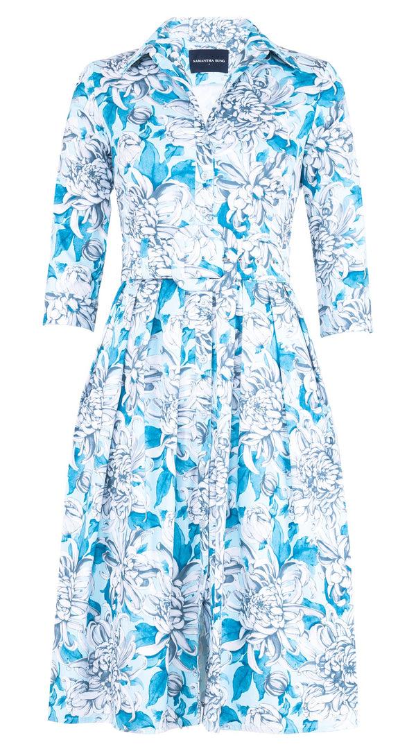 samantha sung Audrey Dress #1 Shirt Collar 3/4 Sleeve Long Length Cotton Stretch (Chrysanthemum Flower Big)