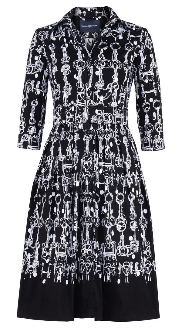 samantha sung Audrey Dress #1 Shirt Collar 3/4 Sleeve Long Length Cotton Stretch (Horse Chain)