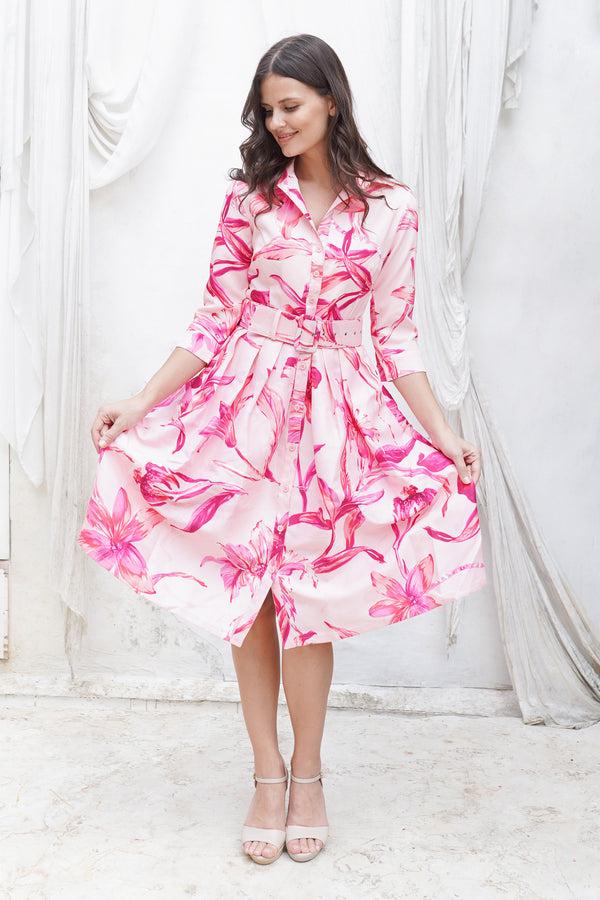 samantha sung Audrey Dress #1 Shirt Collar 3/4 Sleeve Long Length Poliamide Taffta (Portofino Lillies Big)