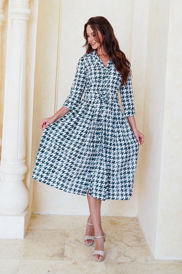 Samantha Sung Audrey Dress #1 Shirt Collar 3/4 Sleeve Midi Length Cotton Stretch (Houndstooth Toile White)