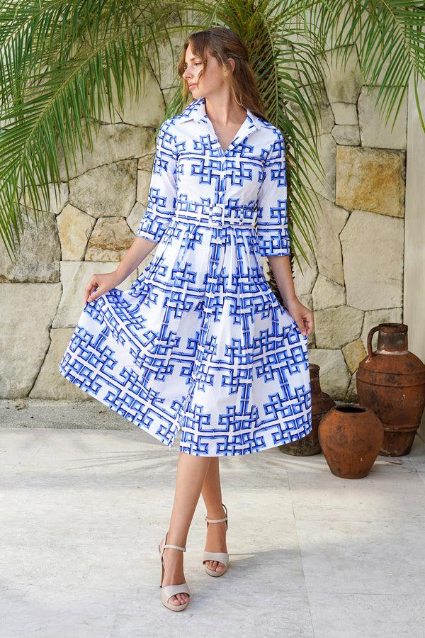 Samantha Sung Audrey Dress #1 Shirt Collar 3/4 Sleeve Midi Length Cotton Stretch (Bamboo Grove White)