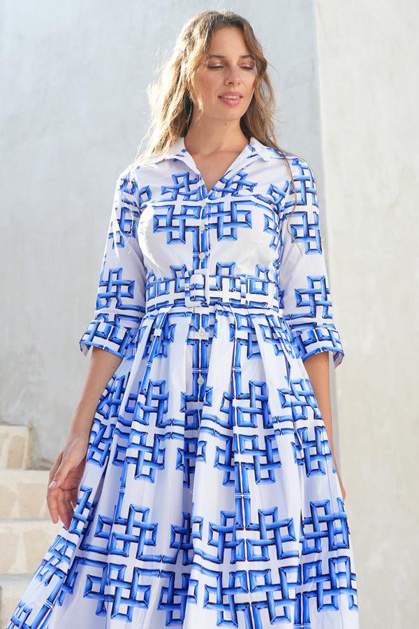 Samantha Sung Audrey Dress #1 Shirt Collar 3/4 Sleeve Midi Length Cotton Stretch (Bamboo Grove White)