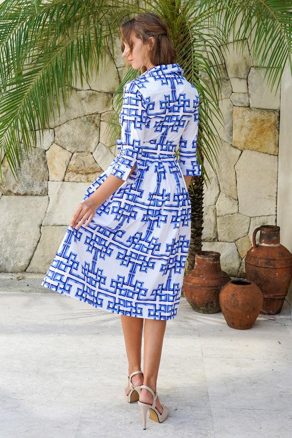 Samantha Sung Audrey Dress #1 Shirt Collar 3/4 Sleeve Midi Length Cotton Stretch (Bamboo Grove White)