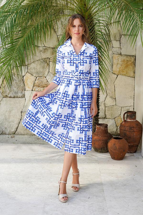 samantha sung Audrey Dress #1 Shirt Collar 3/4 Sleeve Midi Length Cotton Stretch (Bamboo Grove White)