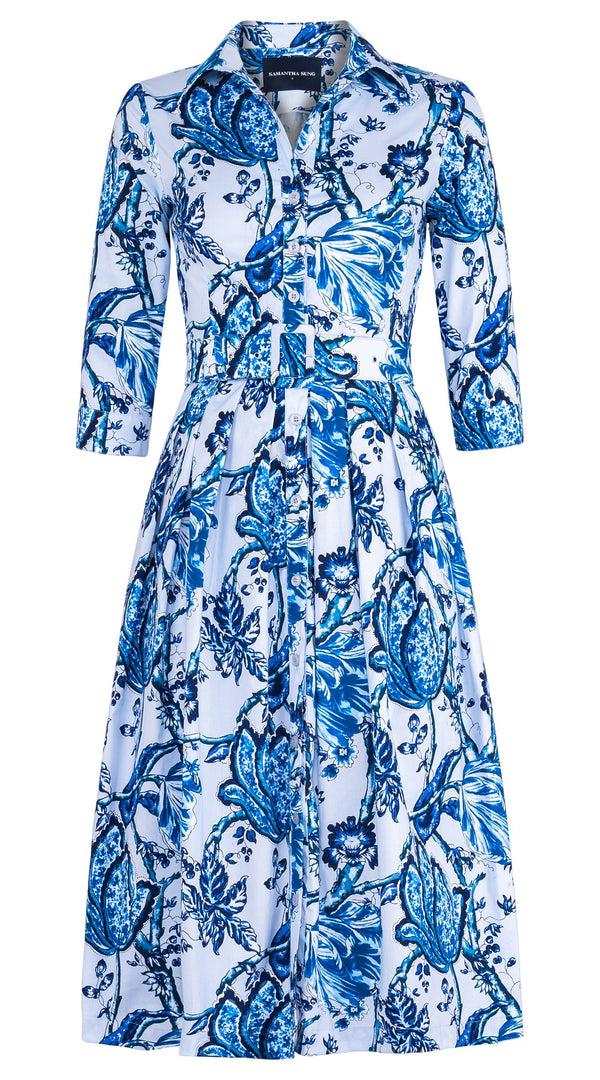 samantha sung Audrey Dress #1 Shirt Collar 3/4 Sleeve Midi Length Cotton Stretch (Lillie Toile Pastel)