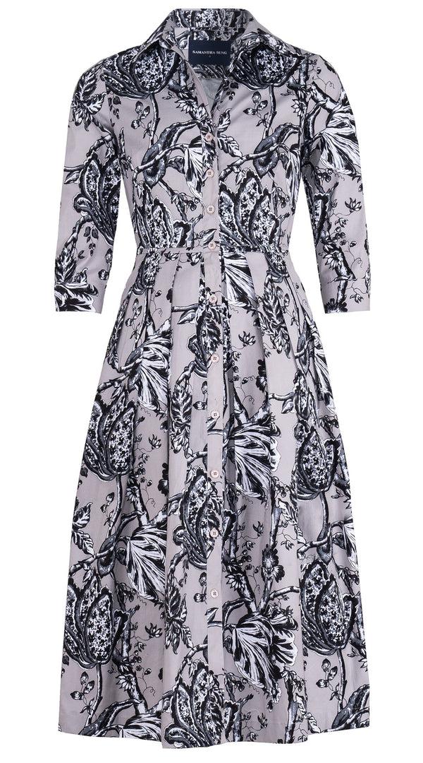 samantha sung Audrey Dress #1 Shirt Collar 3/4 Sleeve Midi Length Cotton Stretch (Lillie Toile Black)