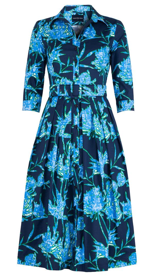 samantha sung Audrey Dress #1 Shirt Collar 3/4 Sleeve Midi Length Cotton Stretch (Primavery Silhouette Ground)