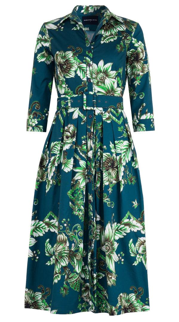 samantha sung Audrey Dress #1 Shirt Collar 3/4 Sleeve Midi Length Cotton Stretch (Flower Luxembrug Ivory)