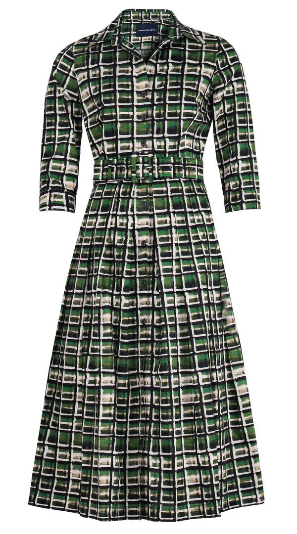 samantha sung Audrey Dress #1 Shirt Collar 3/4 Sleeve Midi Length Cotton Stretch (Watercolor Check)