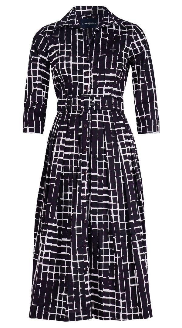 Samantha Sung Audrey Dress #1 Shirt Collar 3/4 Sleeve Midi Length Cotton Stretch (Watercolor Plaid)