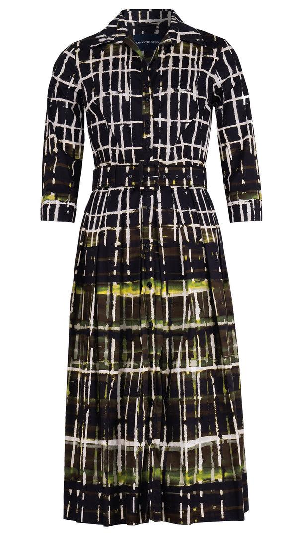 samantha sung Audrey Dress #1 Shirt Collar 3/4 Sleeve Midi Length Cotton Stretch (Watercolor Plaid)