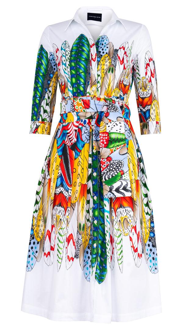 Samantha Sung Audrey Dress #1 Shirt Collar 3/4 Sleeve Midi Length Cotton Stretch (African Feather)