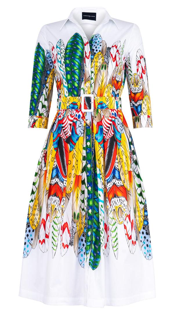 samantha sung Audrey Dress #1 Shirt Collar 3/4 Sleeve Midi Length Cotton Stretch (African Feather)
