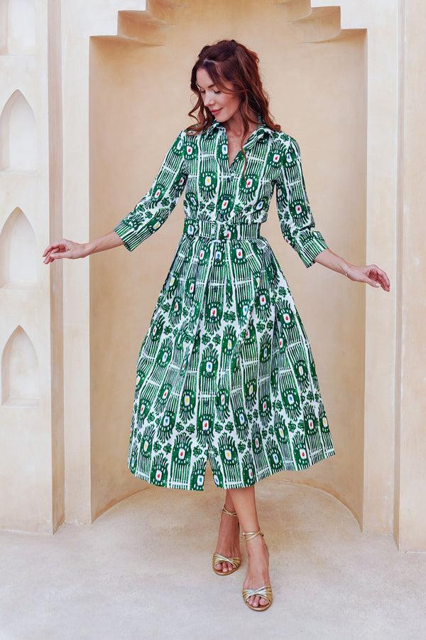 Samantha Sung Audrey Dress #1 Shirt Collar 3/4 Sleeve Midi Length Cotton Stretch (Ikat Gap)
