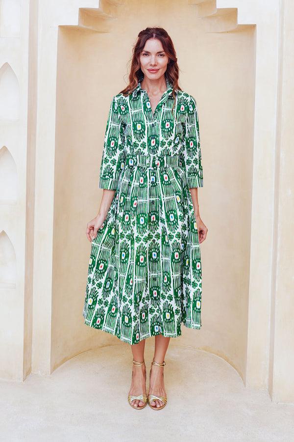 Samantha Sung Audrey Dress #1 Shirt Collar 3/4 Sleeve Midi Length Cotton Stretch (Ikat Gap)