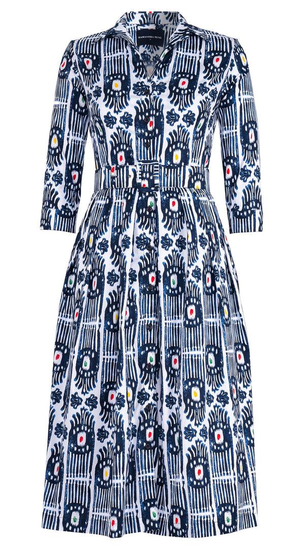 samantha sung Audrey Dress #1 Shirt Collar 3/4 Sleeve Midi Length Cotton Stretch (Ikat Gap)
