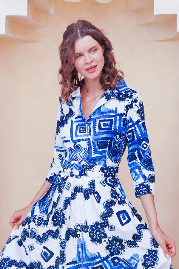 Samantha Sung Audrey Dress #1 Shirt Collar 3/4 Sleeve Midi Length Cotton Stretch (Tie Dye Izmir Big White)