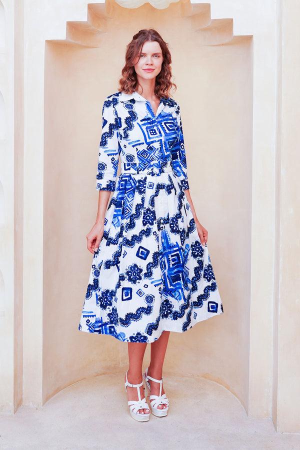 Samantha Sung Audrey Dress #1 Shirt Collar 3/4 Sleeve Midi Length Cotton Stretch (Tie Dye Izmir Big White)