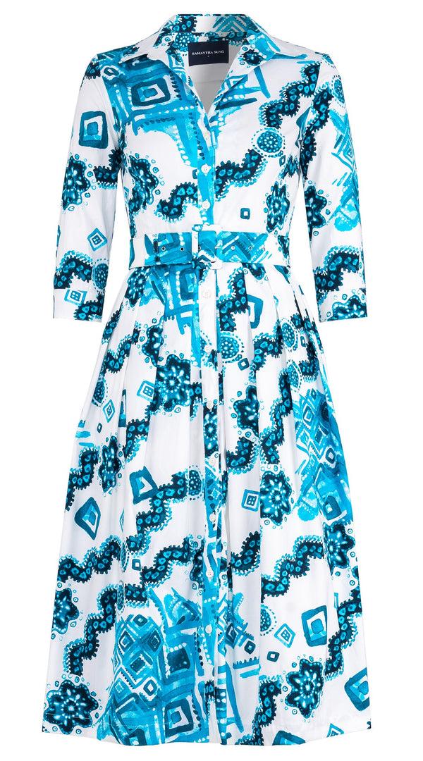samantha sung Audrey Dress #1 Shirt Collar 3/4 Sleeve Midi Length Cotton Stretch (Tie Dye Izmir Big White)