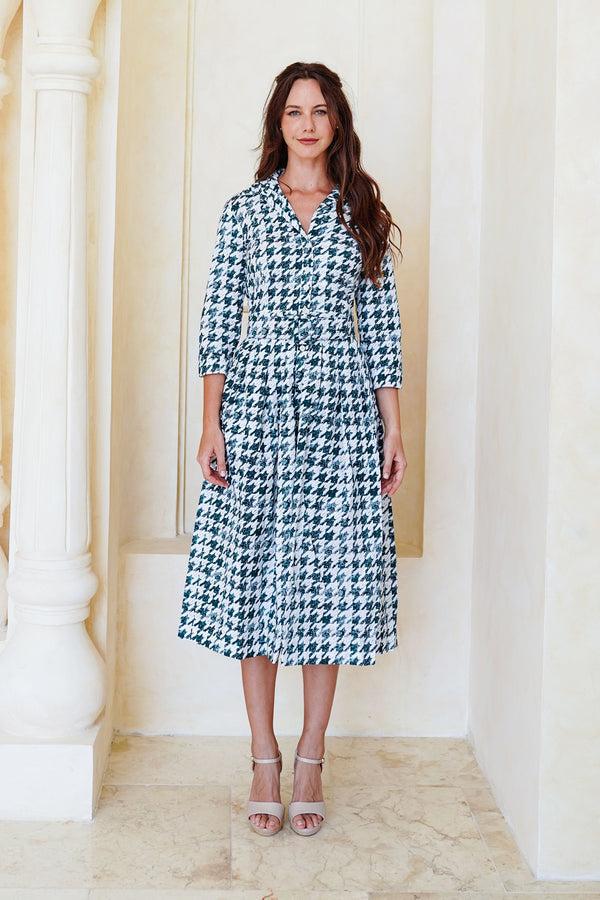 samantha sung Audrey Dress #1 Shirt Collar 3/4 Sleeve Midi Length Cotton Stretch (Houndstooth Toile White)