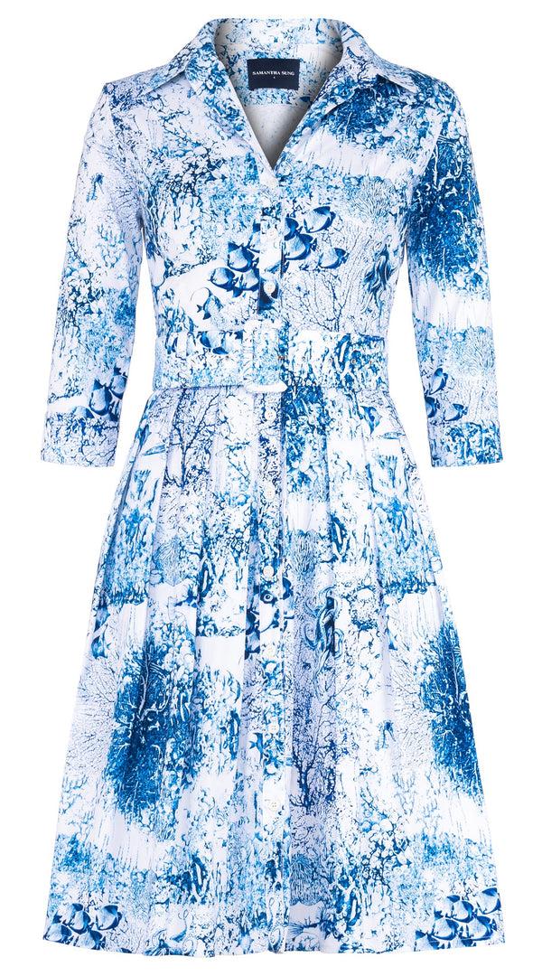 samantha sung Audrey Dress #1 Shirt Collar 3/4 Sleeve Regular Length Cotton Stretch (Oceana Toile)
