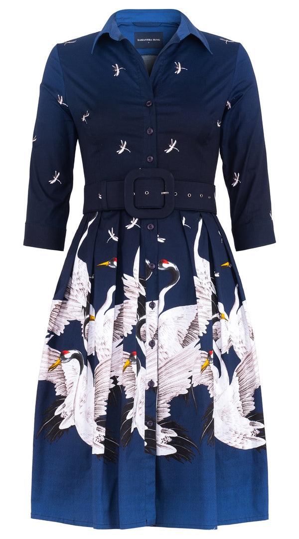 Samantha Sung Audrey Dress #1 Shirt Collar 3/4 Sleeve Regular Length Cotton Stretch (White Crane Ombre)