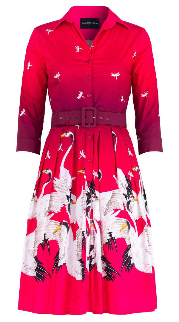 samantha sung Audrey Dress #1 Shirt Collar 3/4 Sleeve Regular Length Cotton Stretch (White Crane Ombre)